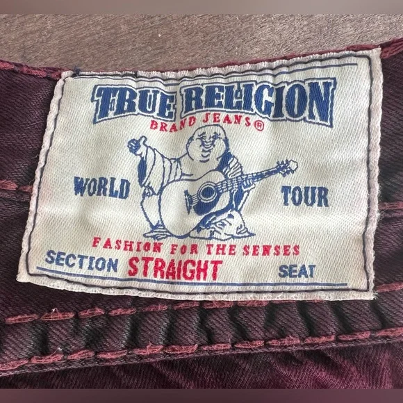 True Religion Ricky Straight Mens Jeans Burgundy Sz 34 Heavy 90s Skateboard